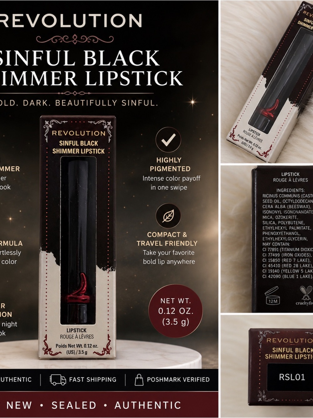 Revolution Sinful Black Shimmer Lipstick — Black with Red Accent